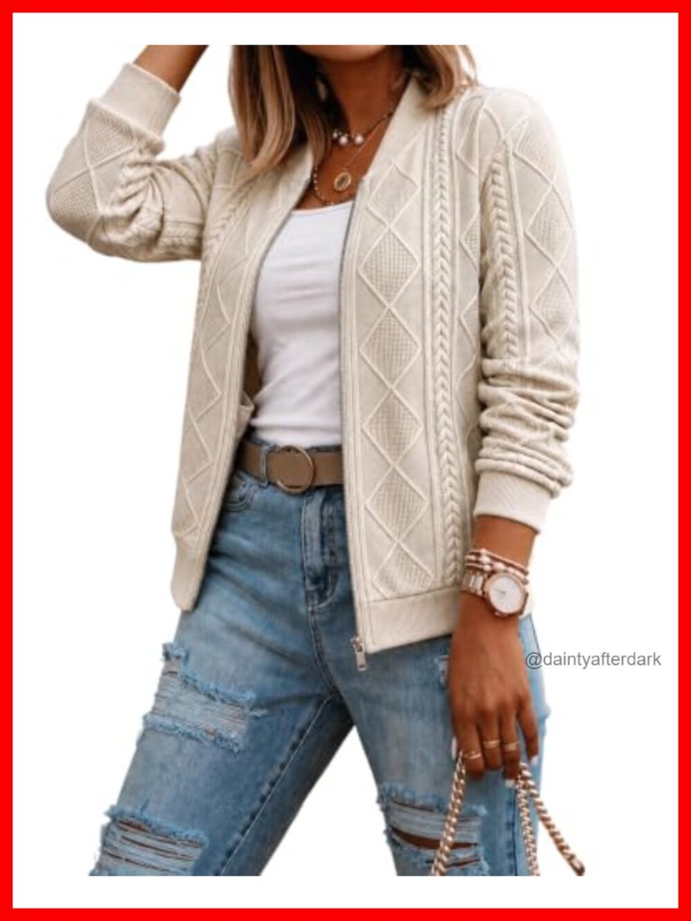 Cable Knit Zip Up Crop Jacket Stand Collar Argyle Casual Coat